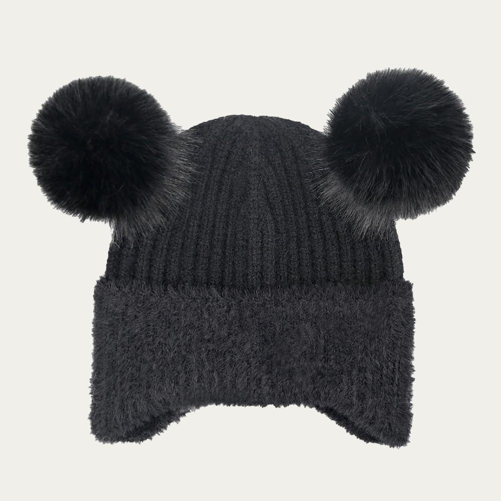 imageCC Kids Ear Flap Fur Pom Beanie for Boys Girls  Comfortable Soft Warm Children Youth Knit Skully Hat with Faux Fur PomDouble Pom  Black