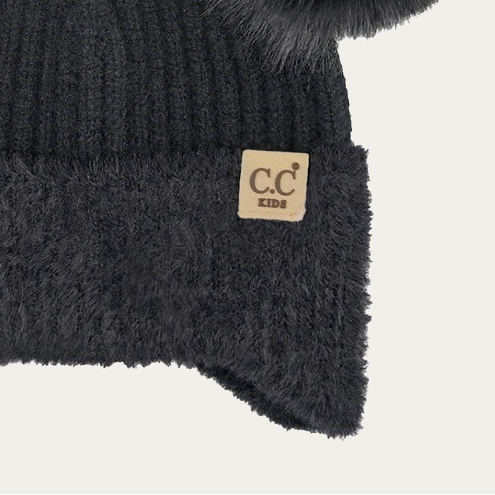 imageCC Kids Ear Flap Fur Pom Beanie for Boys Girls  Comfortable Soft Warm Children Youth Knit Skully Hat with Faux Fur PomDouble Pom  Black