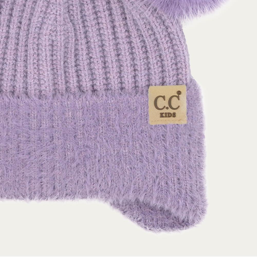 imageCC Kids Ear Flap Fur Pom Beanie for Boys Girls  Comfortable Soft Warm Children Youth Knit Skully Hat with Faux Fur PomDouble Pom  Lavender