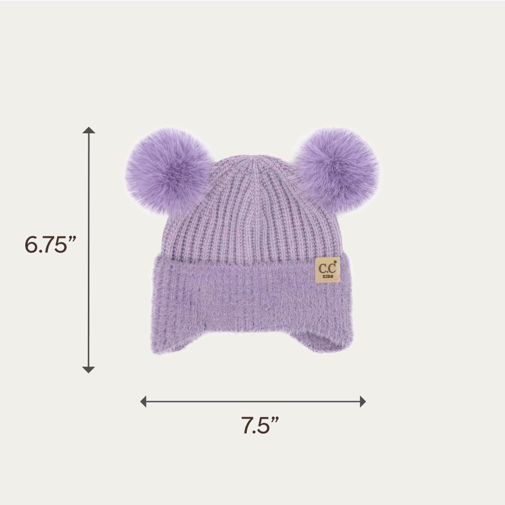 imageCC Kids Ear Flap Fur Pom Beanie for Boys Girls  Comfortable Soft Warm Children Youth Knit Skully Hat with Faux Fur PomDouble Pom  Lavender