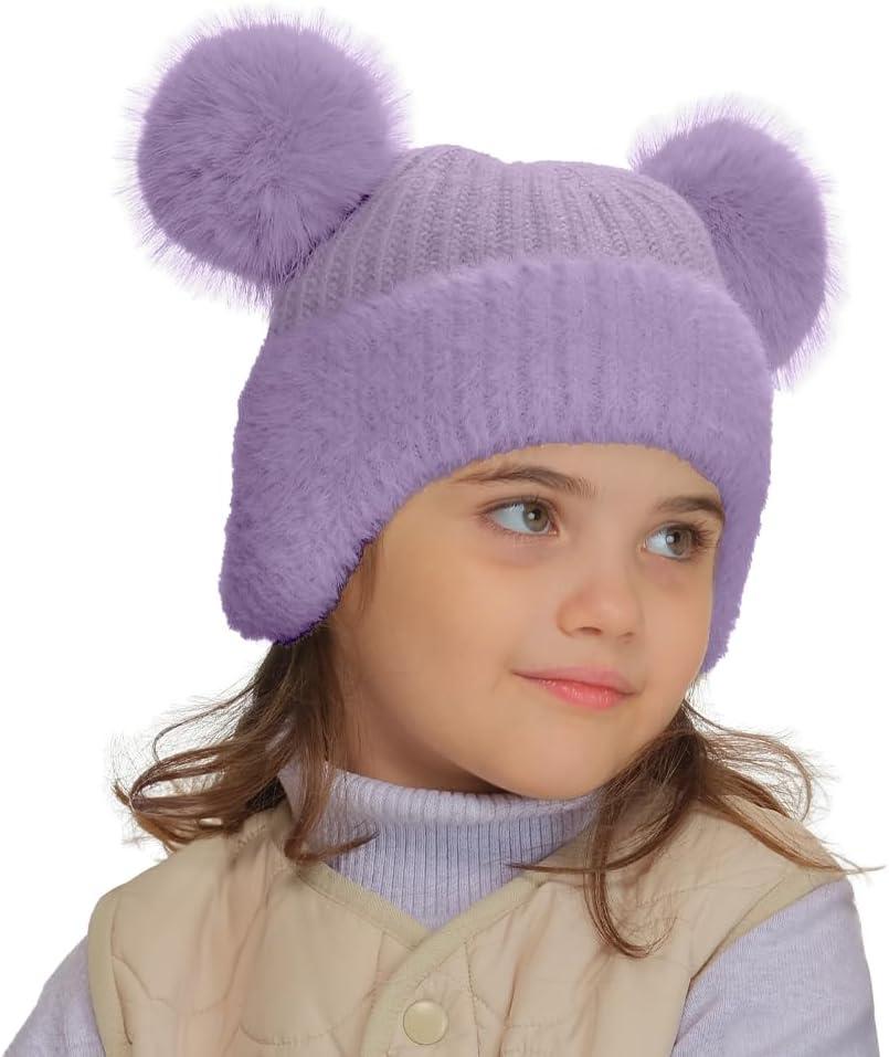 imageCC Kids Ear Flap Fur Pom Beanie for Boys Girls  Comfortable Soft Warm Children Youth Knit Skully Hat with Faux Fur PomDouble Pom  Lavender
