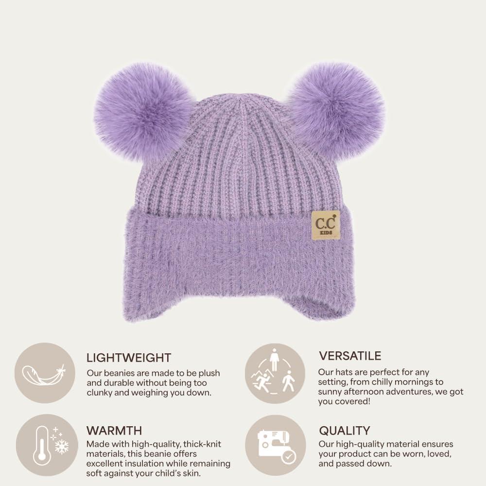 imageCC Kids Ear Flap Fur Pom Beanie for Boys Girls  Comfortable Soft Warm Children Youth Knit Skully Hat with Faux Fur PomDouble Pom  Lavender