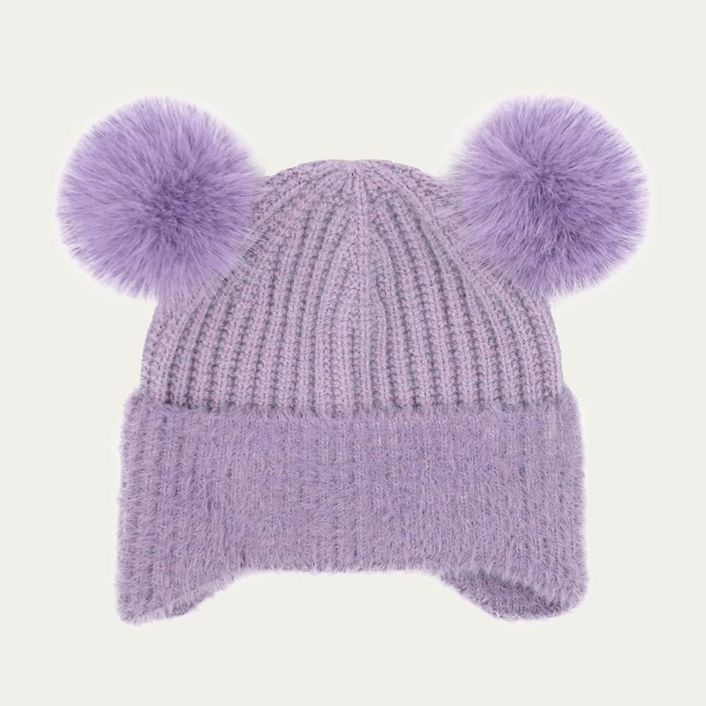 imageCC Kids Ear Flap Fur Pom Beanie for Boys Girls  Comfortable Soft Warm Children Youth Knit Skully Hat with Faux Fur PomDouble Pom  Lavender