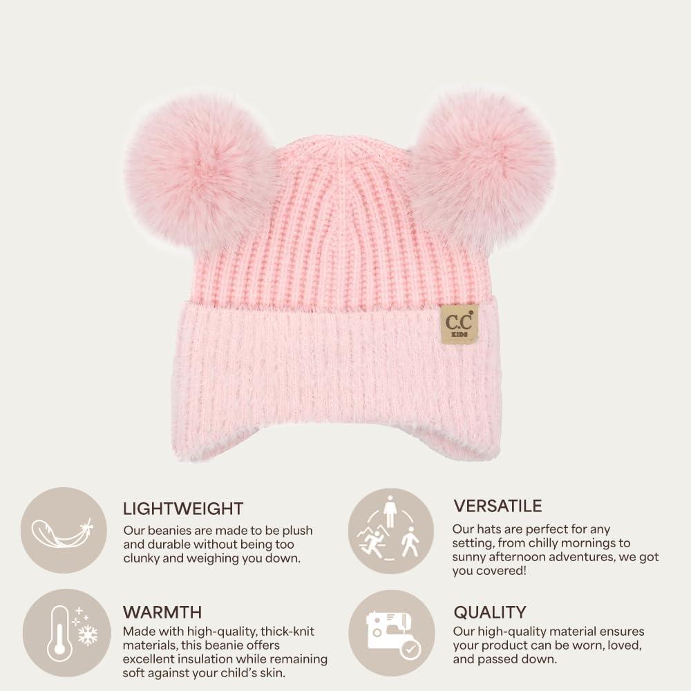 imageCC Kids Ear Flap Fur Pom Beanie for Boys Girls  Comfortable Soft Warm Children Youth Knit Skully Hat with Faux Fur PomDouble Pom  Pink