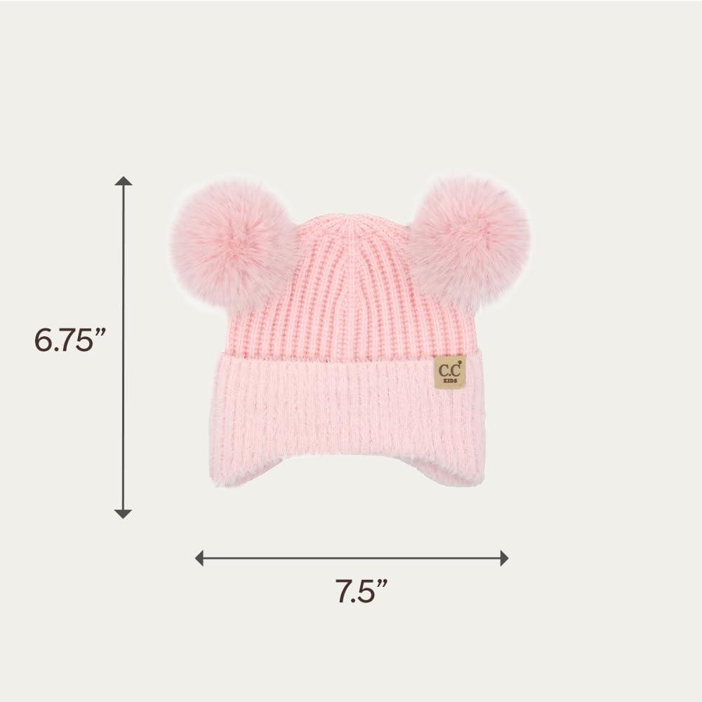 imageCC Kids Ear Flap Fur Pom Beanie for Boys Girls  Comfortable Soft Warm Children Youth Knit Skully Hat with Faux Fur PomDouble Pom  Pink
