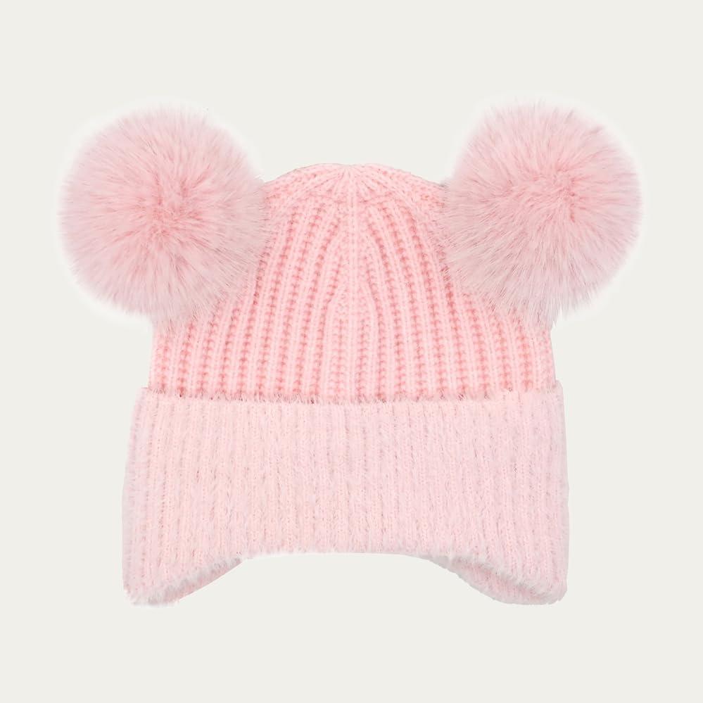 imageCC Kids Ear Flap Fur Pom Beanie for Boys Girls  Comfortable Soft Warm Children Youth Knit Skully Hat with Faux Fur PomDouble Pom  Pink