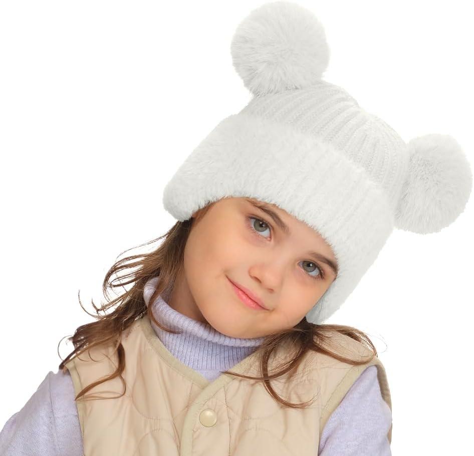 imageCC Kids Ear Flap Fur Pom Beanie for Boys Girls  Comfortable Soft Warm Children Youth Knit Skully Hat with Faux Fur PomDouble Pom  White