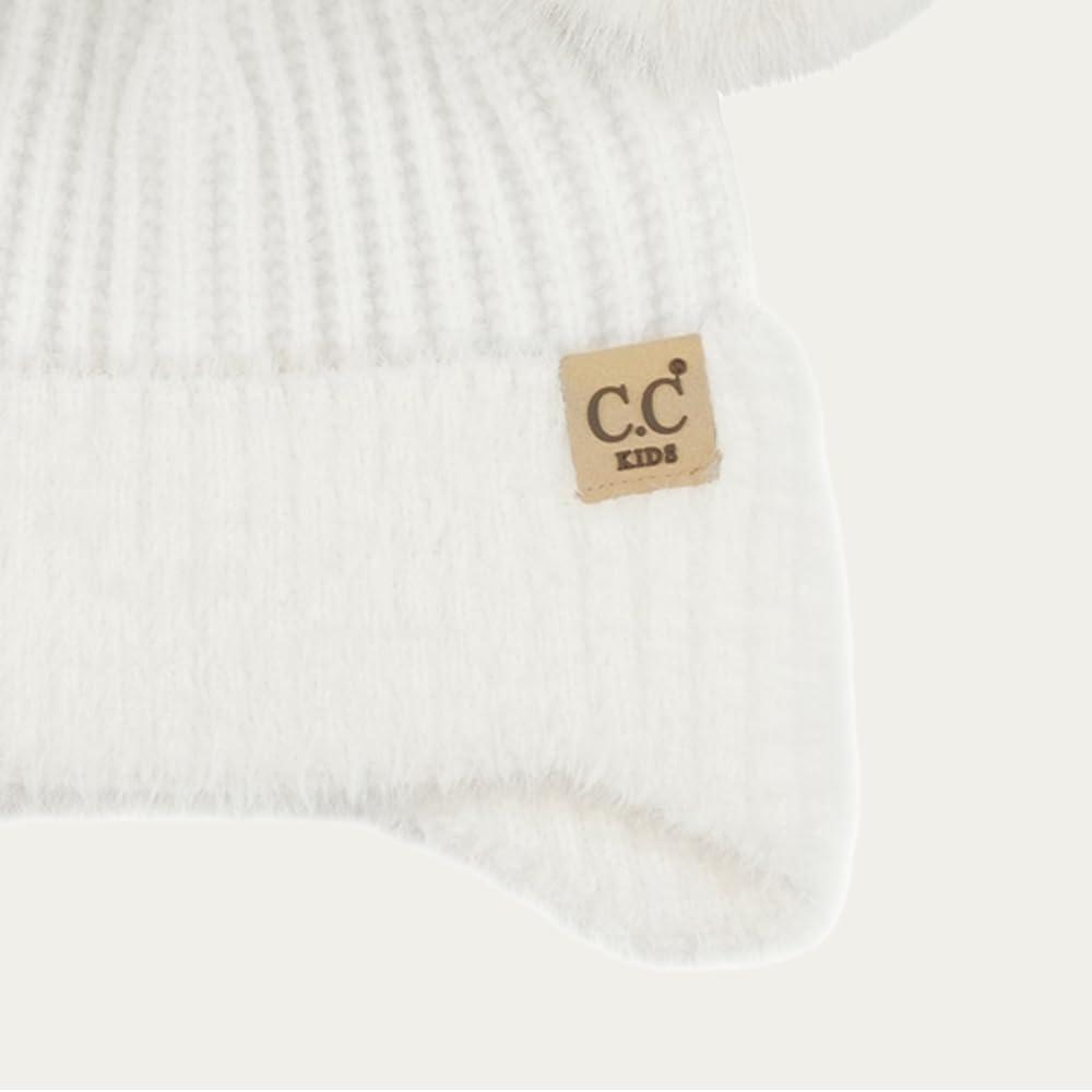 imageCC Kids Ear Flap Fur Pom Beanie for Boys Girls  Comfortable Soft Warm Children Youth Knit Skully Hat with Faux Fur PomDouble Pom  White