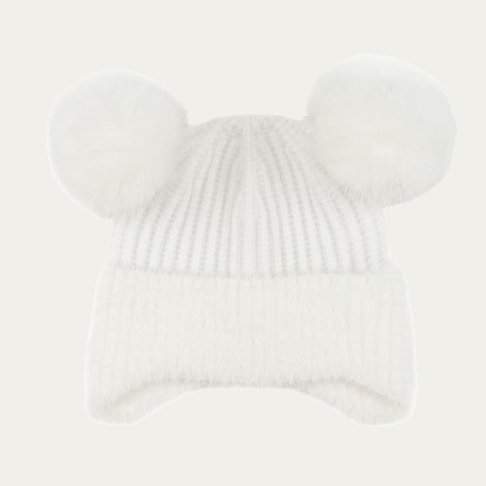 imageCC Kids Ear Flap Fur Pom Beanie for Boys Girls  Comfortable Soft Warm Children Youth Knit Skully Hat with Faux Fur PomDouble Pom  White