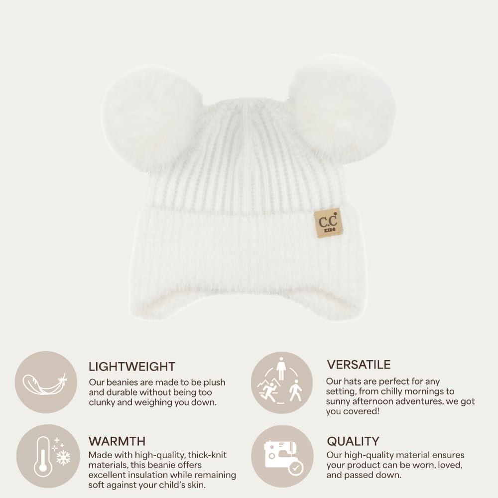 imageCC Kids Ear Flap Fur Pom Beanie for Boys Girls  Comfortable Soft Warm Children Youth Knit Skully Hat with Faux Fur PomDouble Pom  White