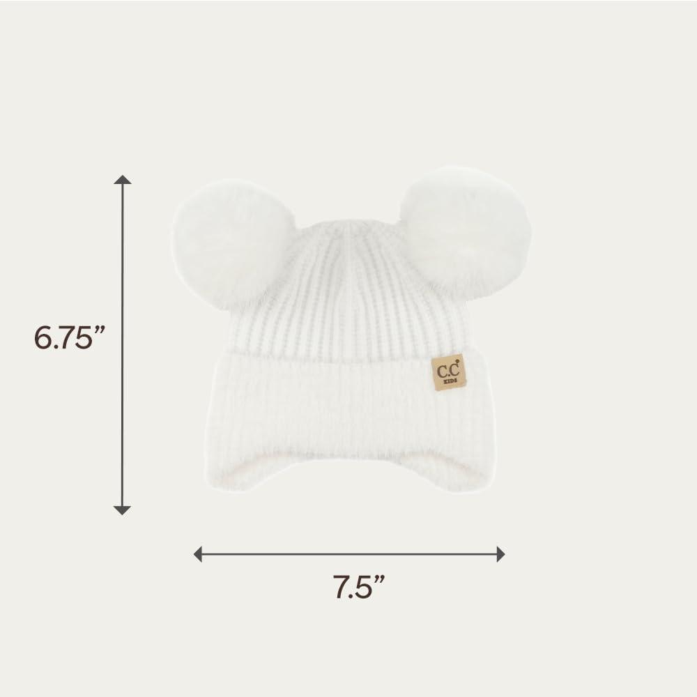 imageCC Kids Ear Flap Fur Pom Beanie for Boys Girls  Comfortable Soft Warm Children Youth Knit Skully Hat with Faux Fur PomDouble Pom  White