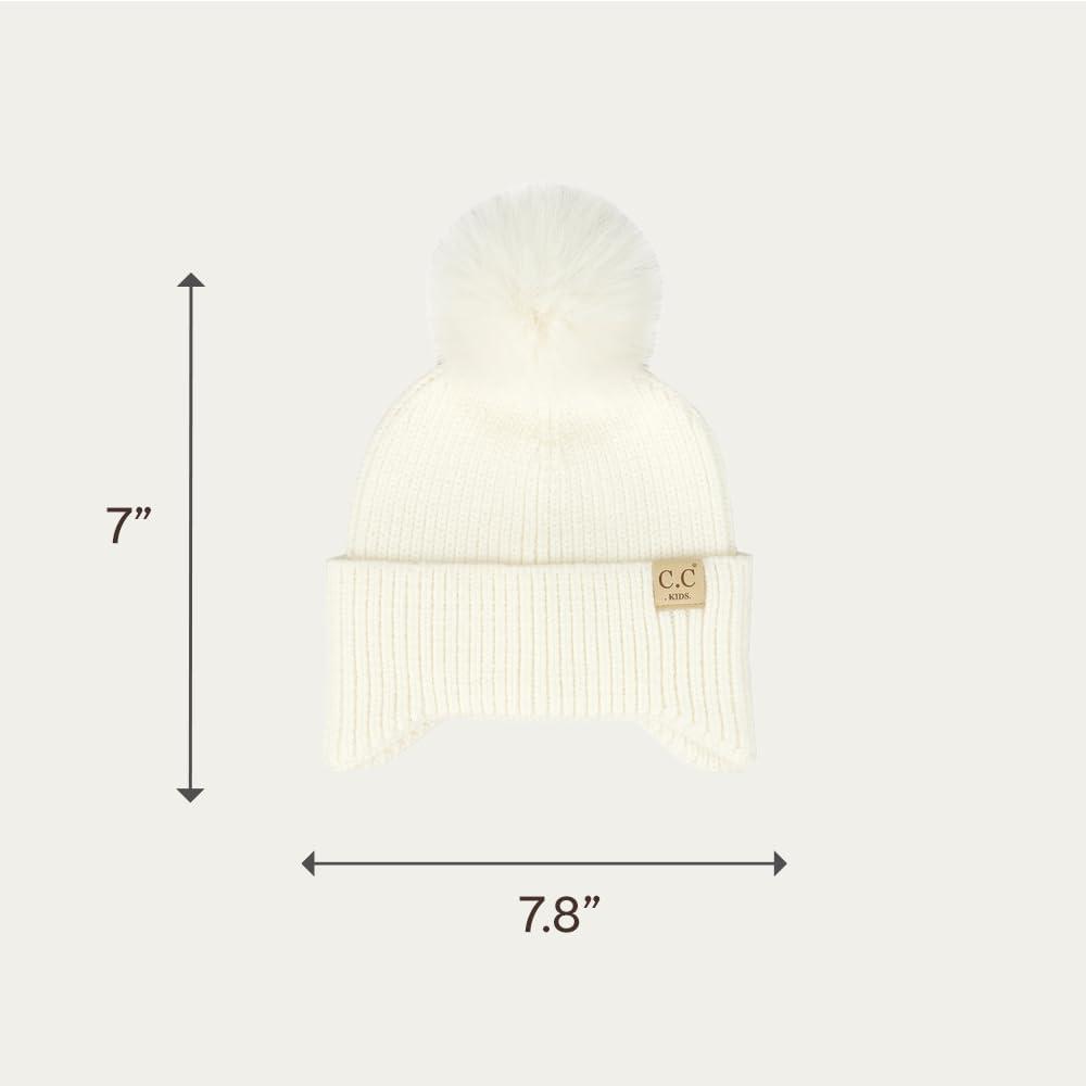 imageCC Kids Ear Flap Fur Pom Beanie for Boys Girls  Comfortable Soft Warm Children Youth Knit Skully Hat with Faux Fur PomIvory