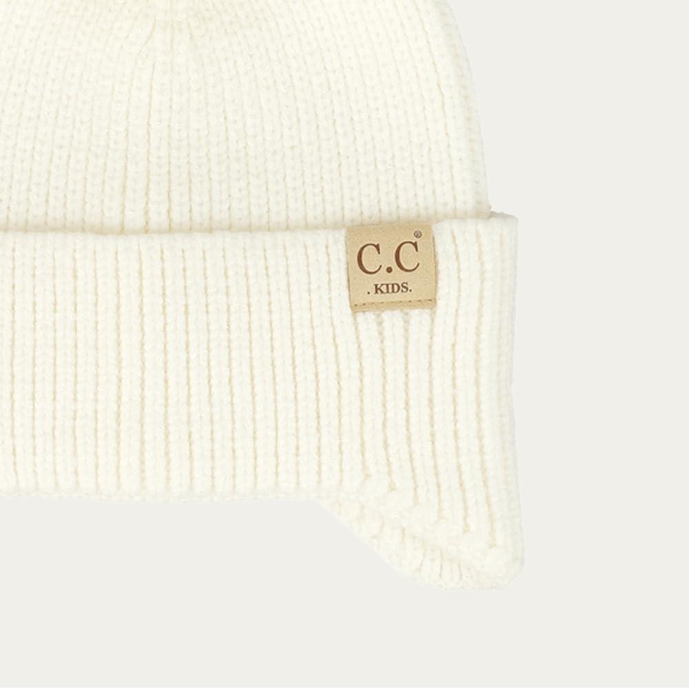 imageCC Kids Ear Flap Fur Pom Beanie for Boys Girls  Comfortable Soft Warm Children Youth Knit Skully Hat with Faux Fur PomIvory