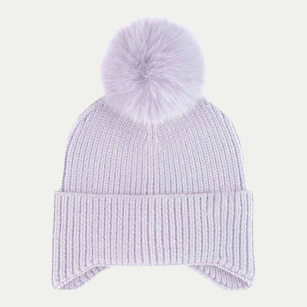 imageCC Kids Ear Flap Fur Pom Beanie for Boys Girls  Comfortable Soft Warm Children Youth Knit Skully Hat with Faux Fur PomLavender