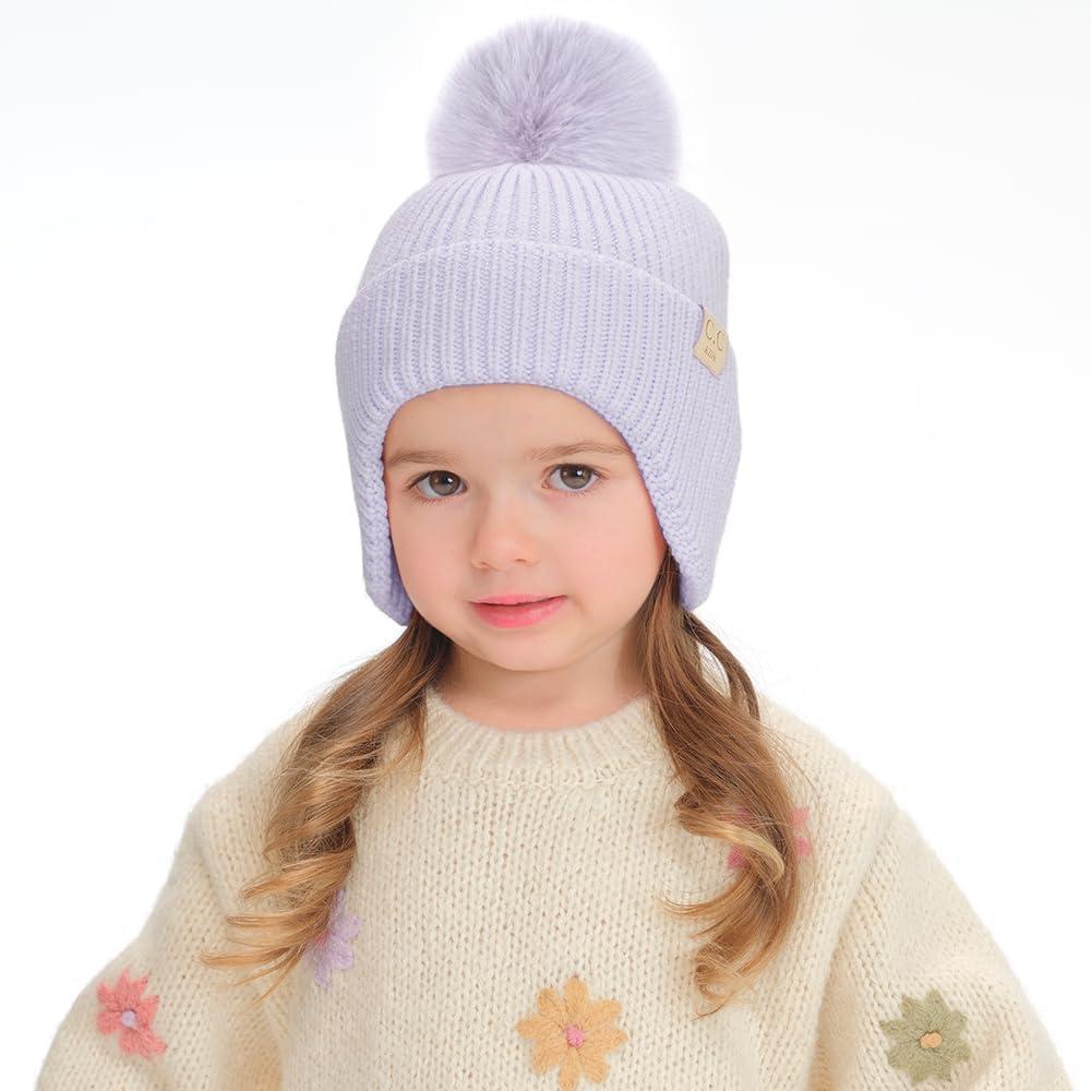 imageCC Kids Ear Flap Fur Pom Beanie for Boys Girls  Comfortable Soft Warm Children Youth Knit Skully Hat with Faux Fur PomLavender