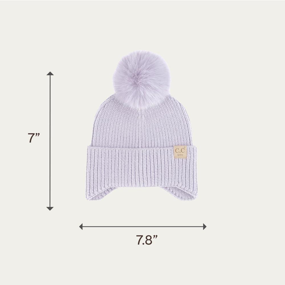 imageCC Kids Ear Flap Fur Pom Beanie for Boys Girls  Comfortable Soft Warm Children Youth Knit Skully Hat with Faux Fur PomLavender