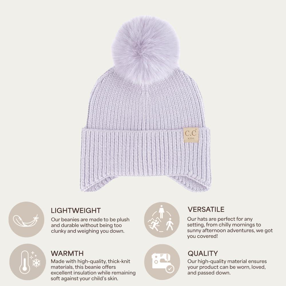 imageCC Kids Ear Flap Fur Pom Beanie for Boys Girls  Comfortable Soft Warm Children Youth Knit Skully Hat with Faux Fur PomLavender