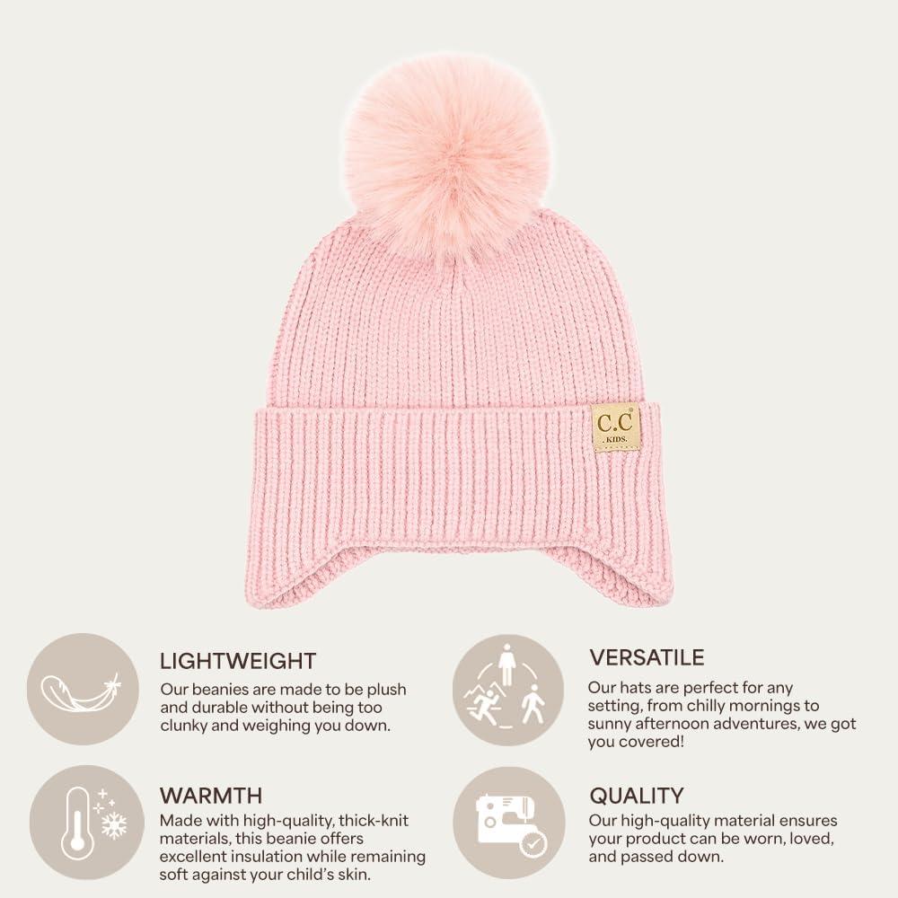 imageCC Kids Ear Flap Fur Pom Beanie for Boys Girls  Comfortable Soft Warm Children Youth Knit Skully Hat with Faux Fur PomPink