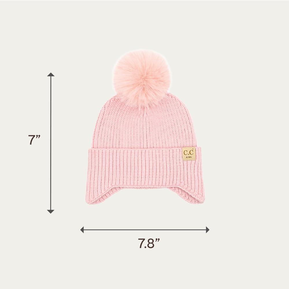 imageCC Kids Ear Flap Fur Pom Beanie for Boys Girls  Comfortable Soft Warm Children Youth Knit Skully Hat with Faux Fur PomPink