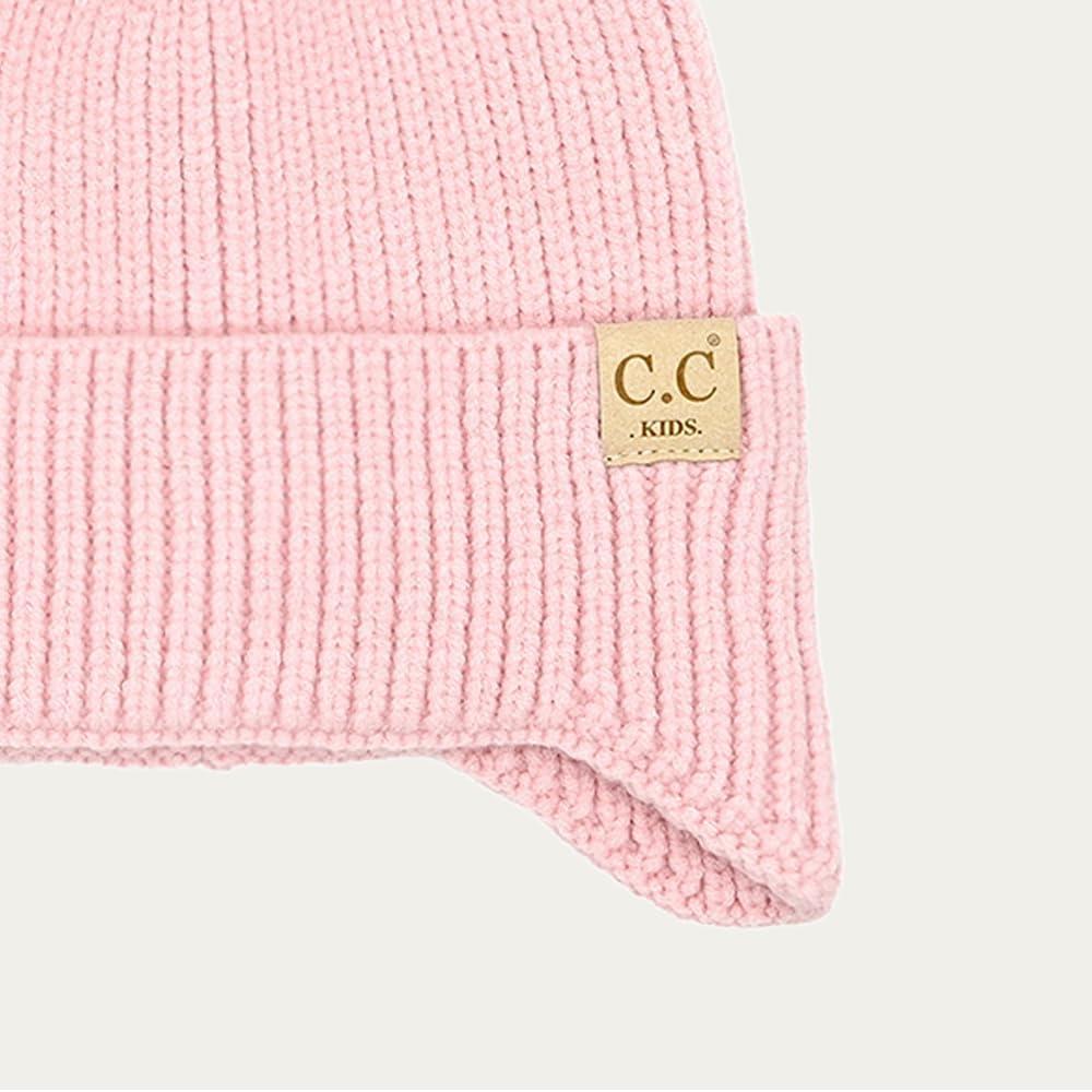 imageCC Kids Ear Flap Fur Pom Beanie for Boys Girls  Comfortable Soft Warm Children Youth Knit Skully Hat with Faux Fur PomPink