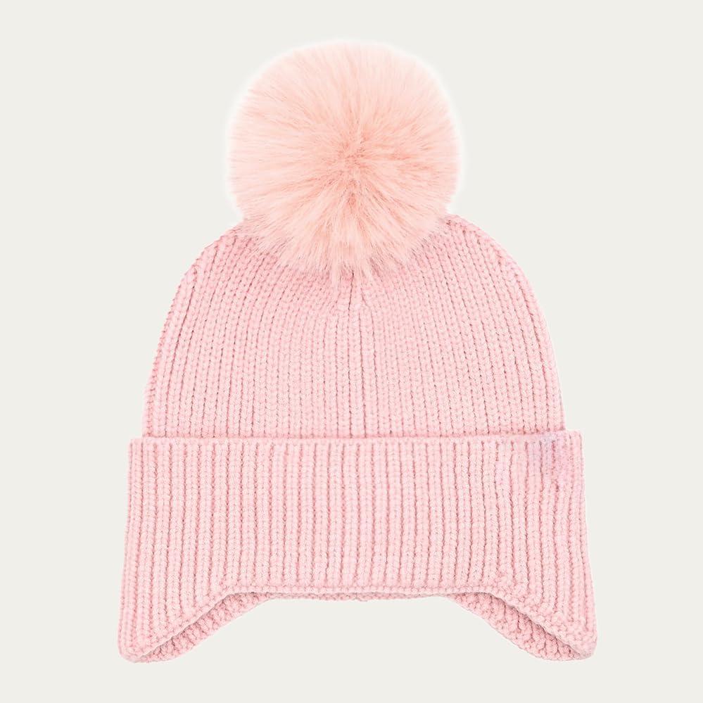 imageCC Kids Ear Flap Fur Pom Beanie for Boys Girls  Comfortable Soft Warm Children Youth Knit Skully Hat with Faux Fur PomPink