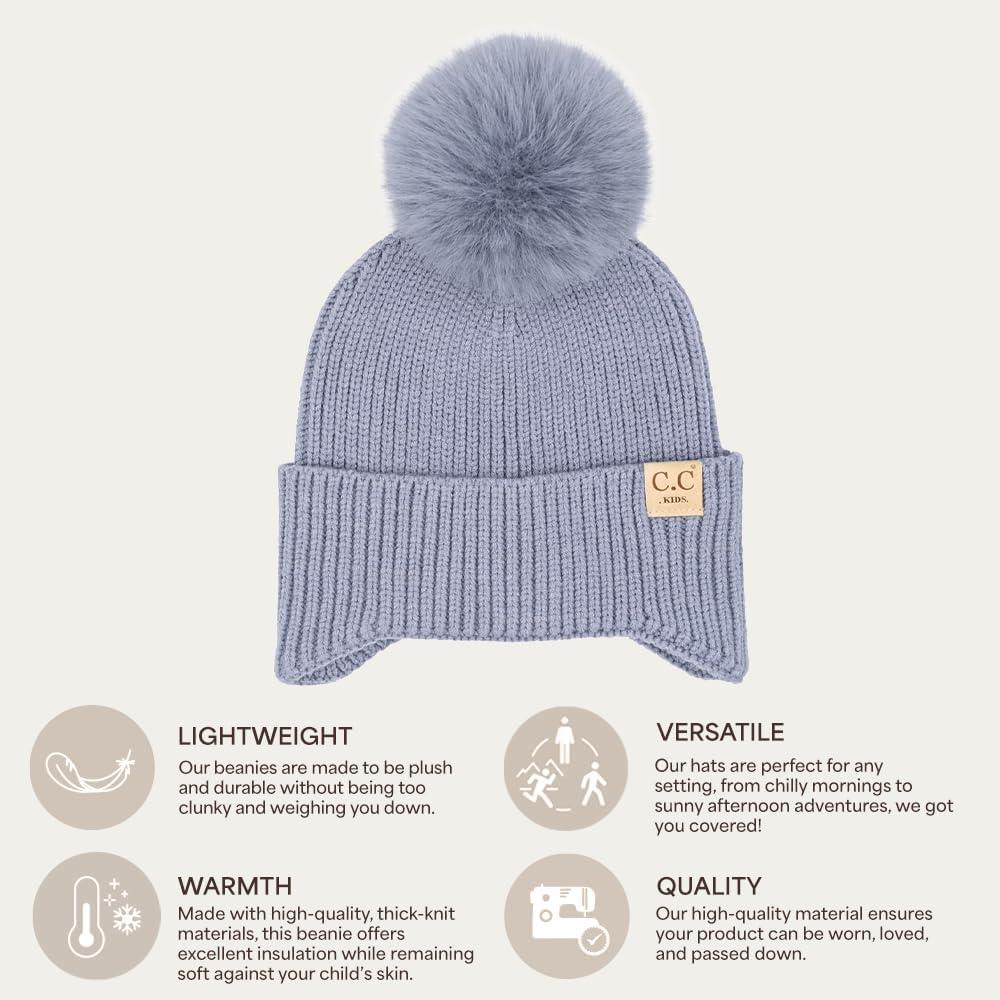 imageCC Kids Ear Flap Fur Pom Beanie for Boys Girls  Comfortable Soft Warm Children Youth Knit Skully Hat with Faux Fur PomSingle Pom  Ice Blue