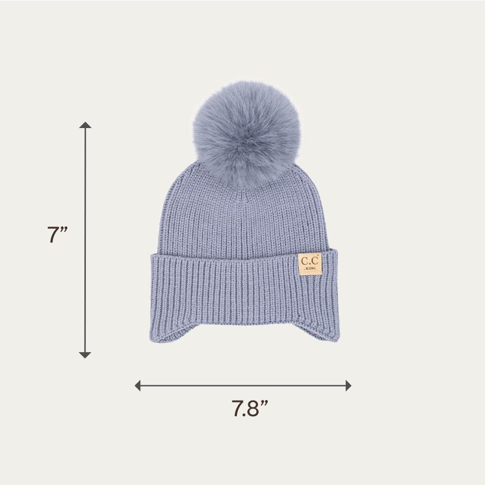 imageCC Kids Ear Flap Fur Pom Beanie for Boys Girls  Comfortable Soft Warm Children Youth Knit Skully Hat with Faux Fur PomSingle Pom  Ice Blue