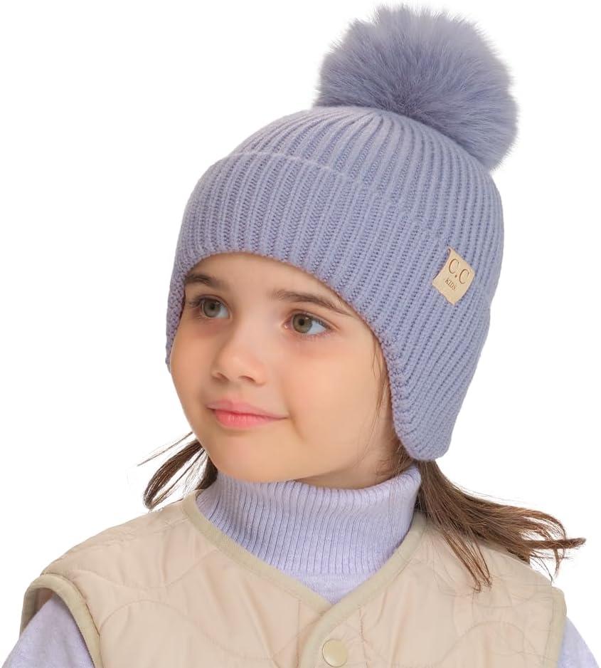 imageCC Kids Ear Flap Fur Pom Beanie for Boys Girls  Comfortable Soft Warm Children Youth Knit Skully Hat with Faux Fur PomSingle Pom  Ice Blue