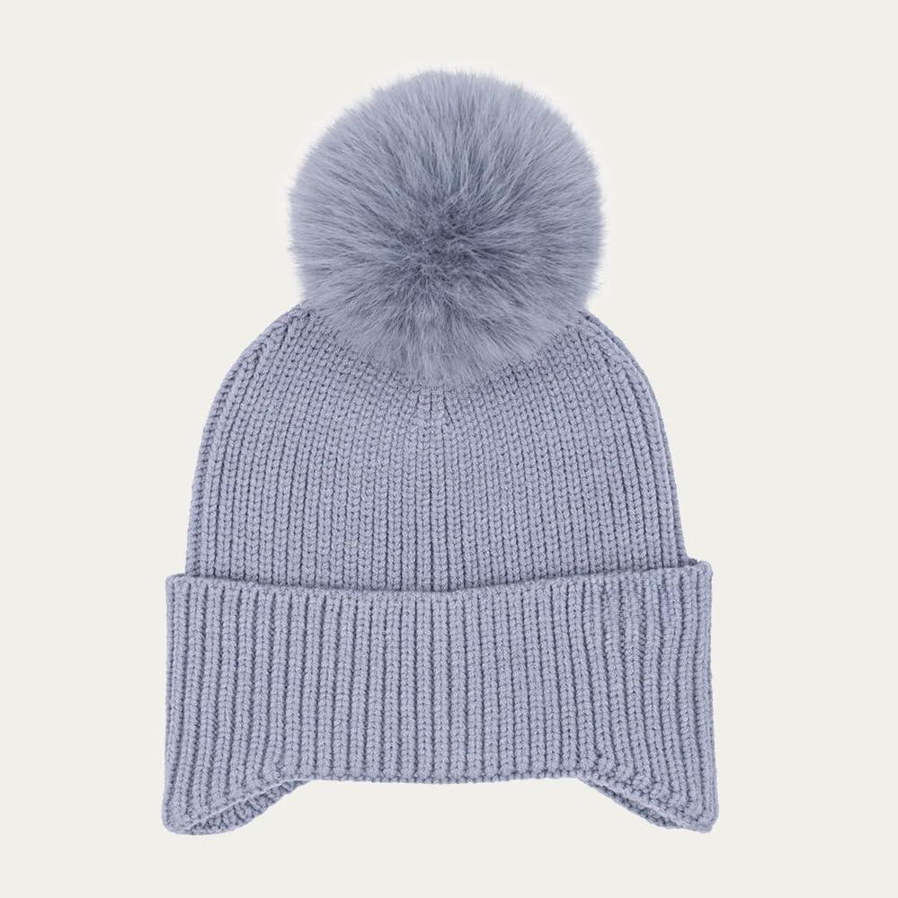 imageCC Kids Ear Flap Fur Pom Beanie for Boys Girls  Comfortable Soft Warm Children Youth Knit Skully Hat with Faux Fur PomSingle Pom  Ice Blue