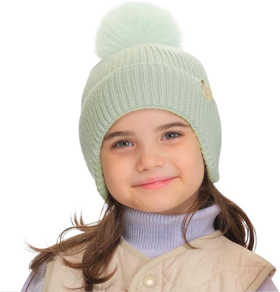 imageCC Kids Ear Flap Fur Pom Beanie for Boys Girls  Comfortable Soft Warm Children Youth Knit Skully Hat with Faux Fur PomSingle Pom  Sage