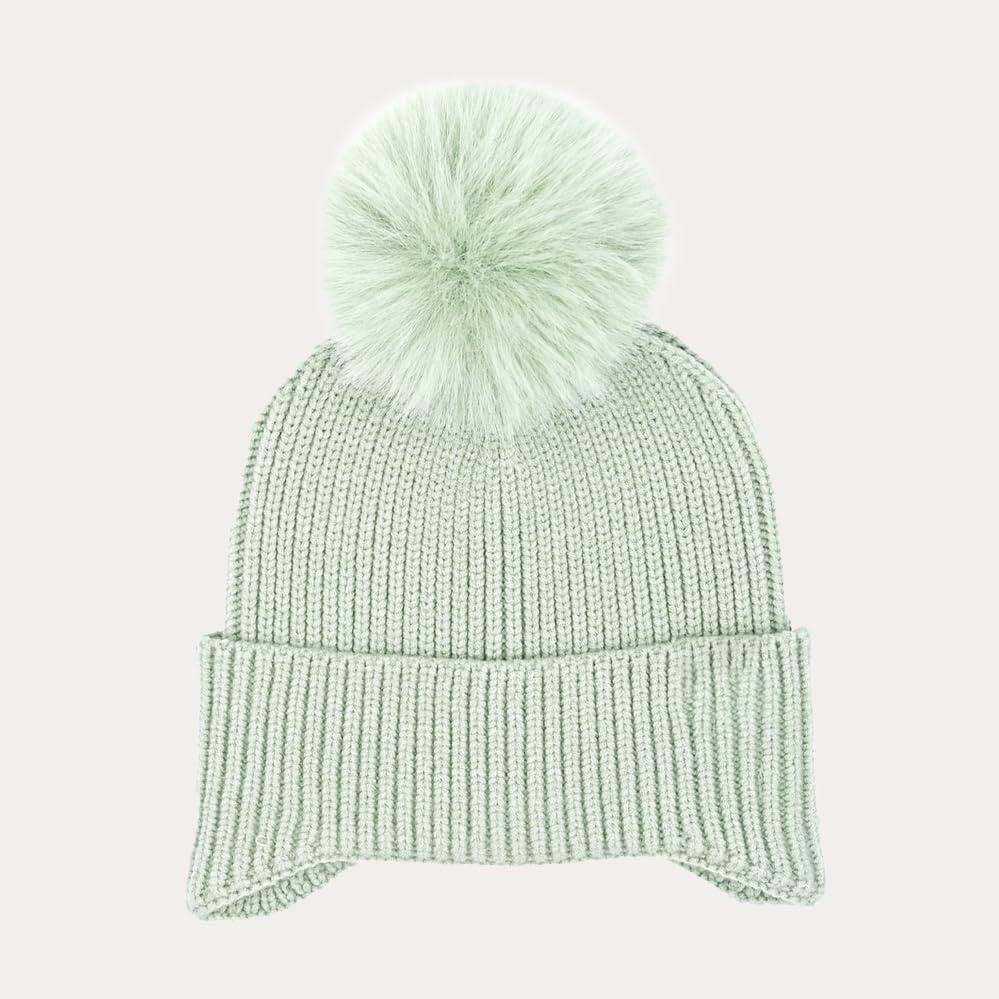 imageCC Kids Ear Flap Fur Pom Beanie for Boys Girls  Comfortable Soft Warm Children Youth Knit Skully Hat with Faux Fur PomSingle Pom  Sage