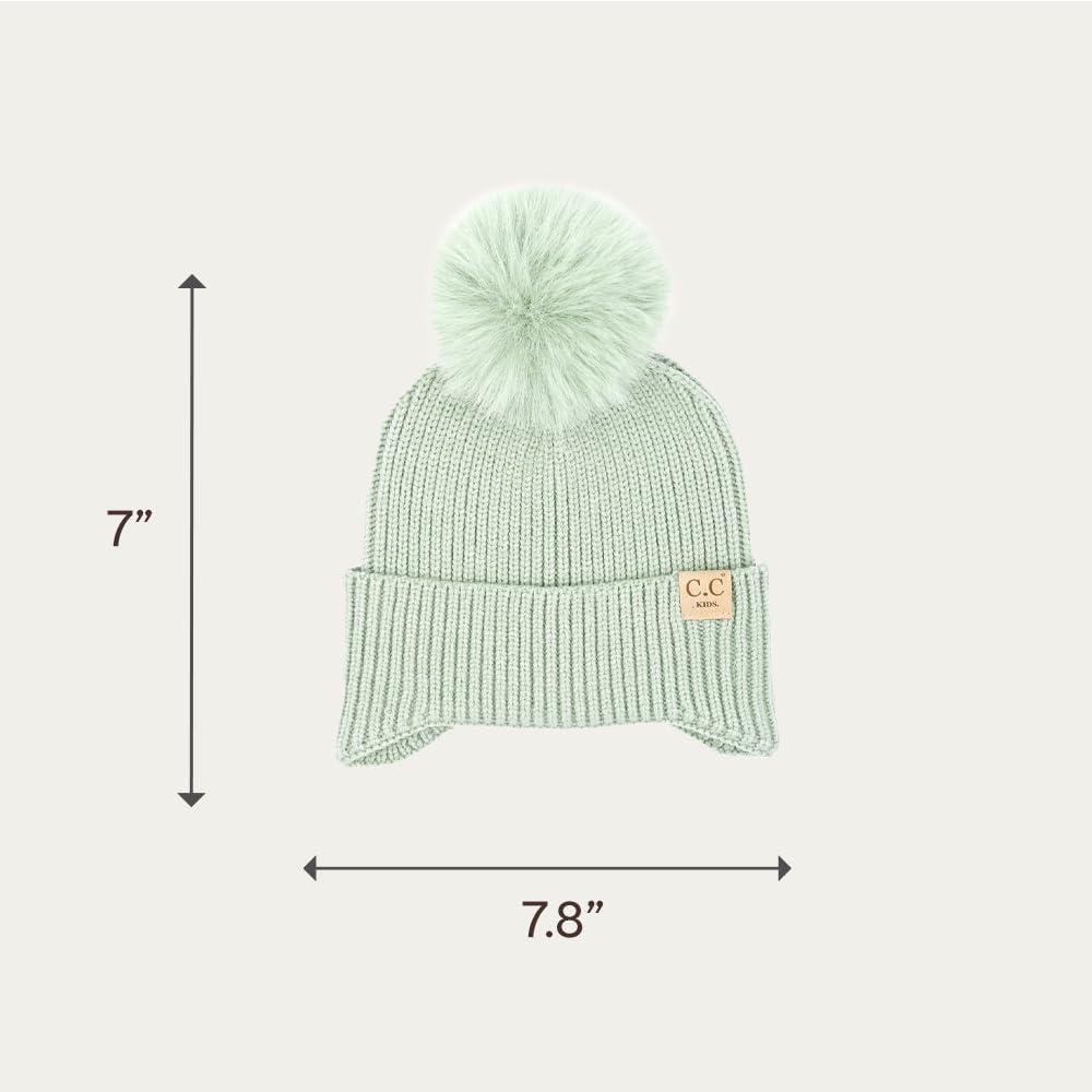 imageCC Kids Ear Flap Fur Pom Beanie for Boys Girls  Comfortable Soft Warm Children Youth Knit Skully Hat with Faux Fur PomSingle Pom  Sage