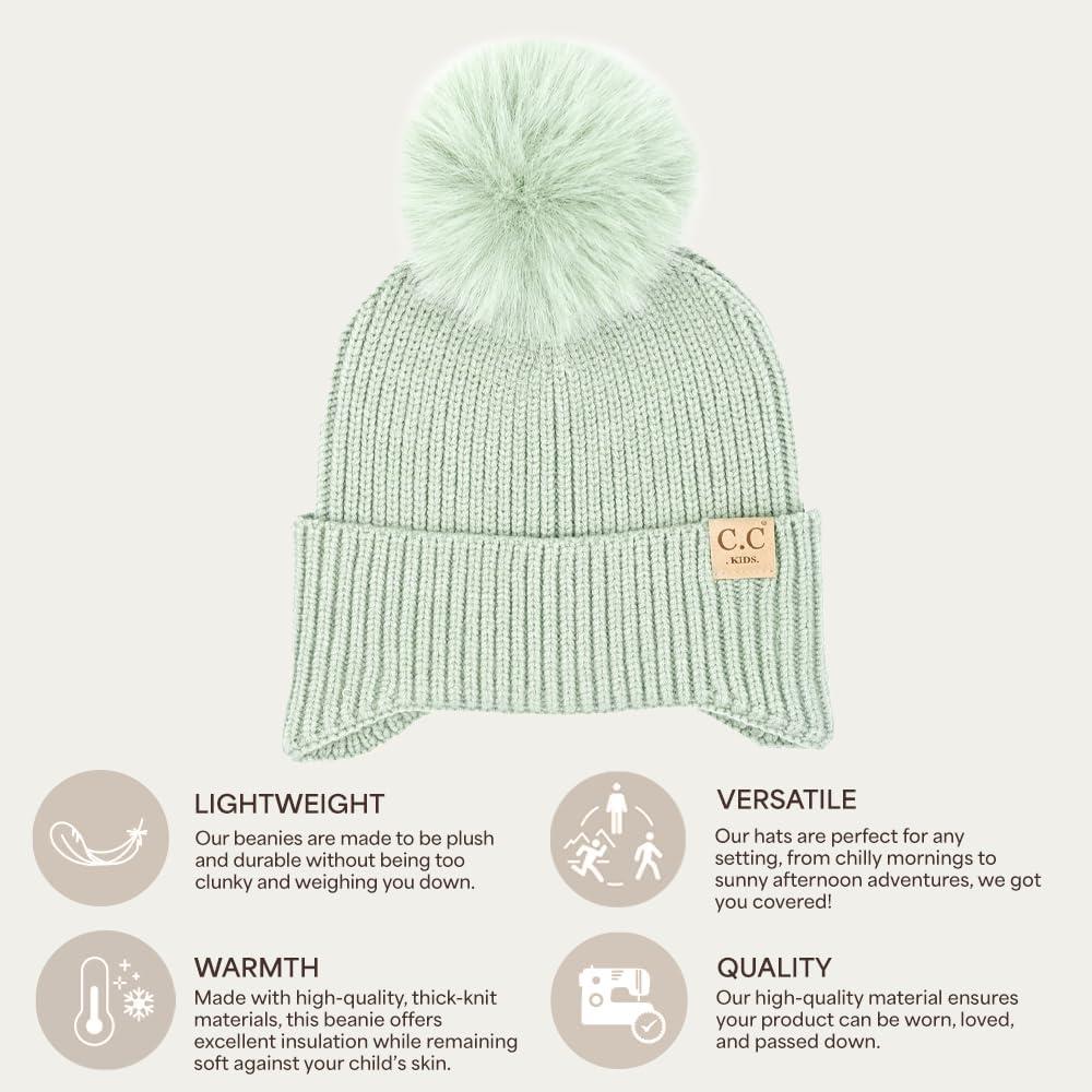 imageCC Kids Ear Flap Fur Pom Beanie for Boys Girls  Comfortable Soft Warm Children Youth Knit Skully Hat with Faux Fur PomSingle Pom  Sage