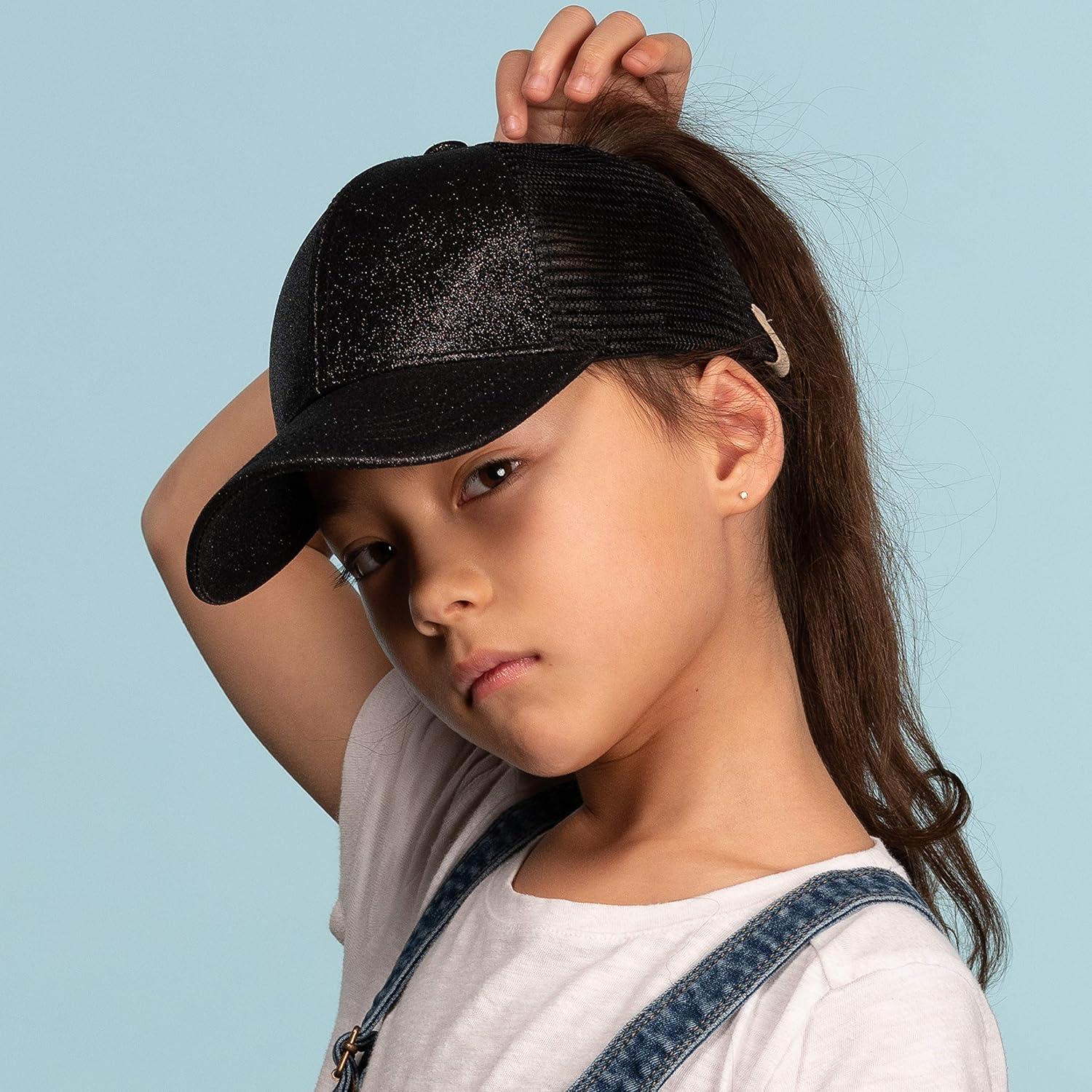 imageCC Kids Ponytail Caps Messy Buns Trucker Plain Baseball Cap BT6KIDSBlaxk