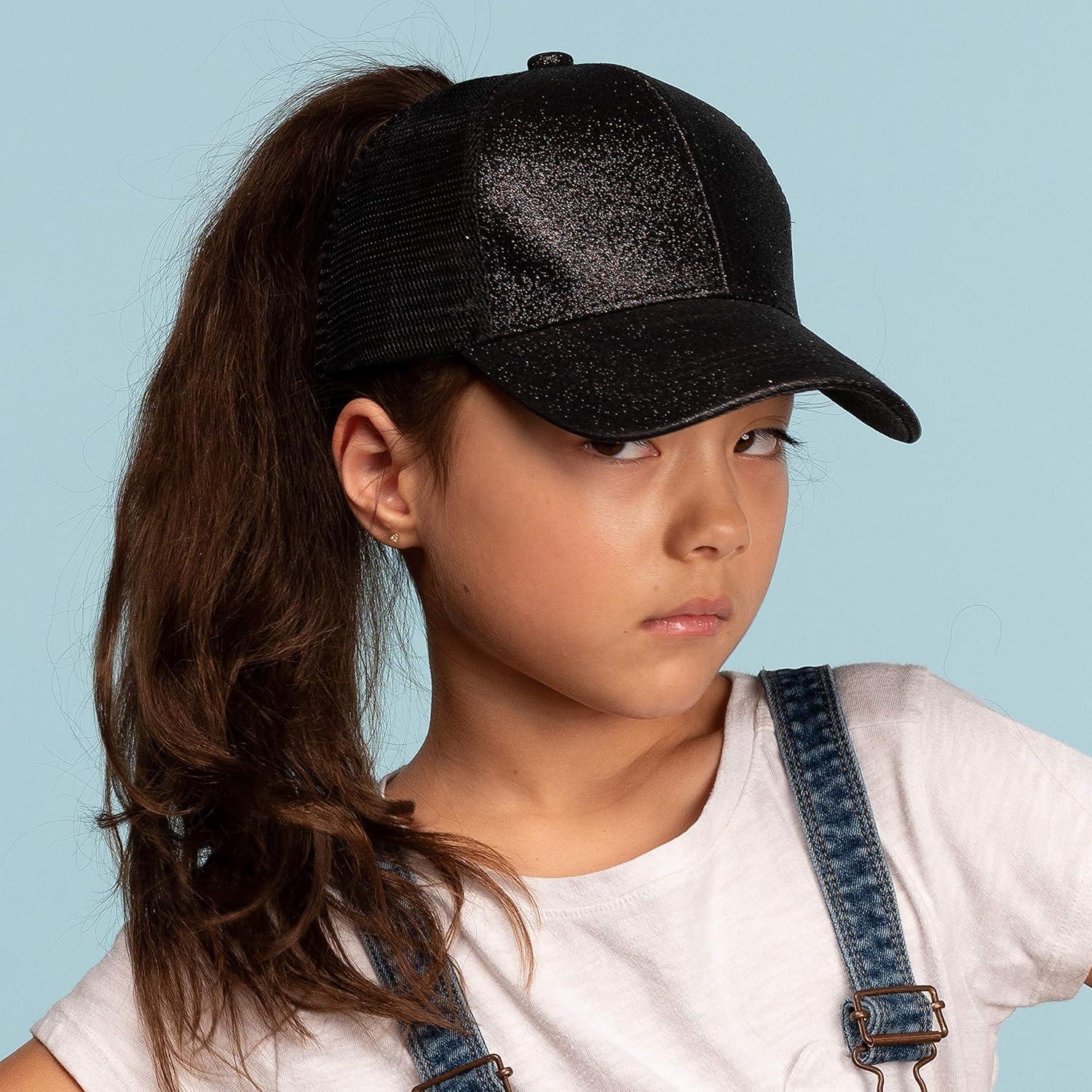 imageCC Kids Ponytail Caps Messy Buns Trucker Plain Baseball Cap BT6KIDSBlaxk
