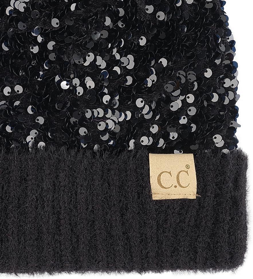 imageCC Kids Sequin Fur Pom Beanie for Boys Girls  Comfortable Soft Warm Children Youth Knit Skully Hat with Faux Fur PomBlack