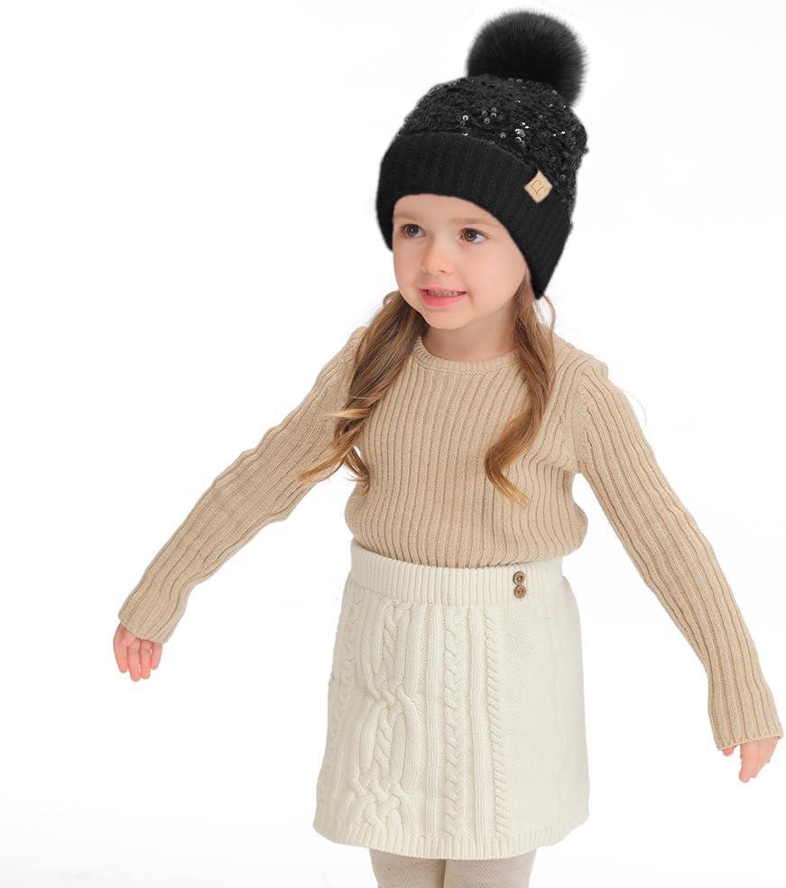 imageCC Kids Sequin Fur Pom Beanie for Boys Girls  Comfortable Soft Warm Children Youth Knit Skully Hat with Faux Fur PomBlack
