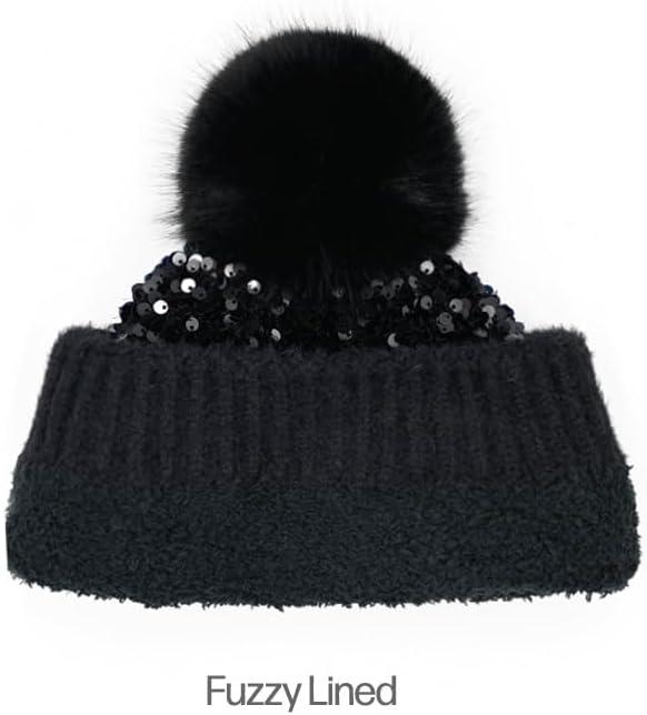 imageCC Kids Sequin Fur Pom Beanie for Boys Girls  Comfortable Soft Warm Children Youth Knit Skully Hat with Faux Fur PomBlack