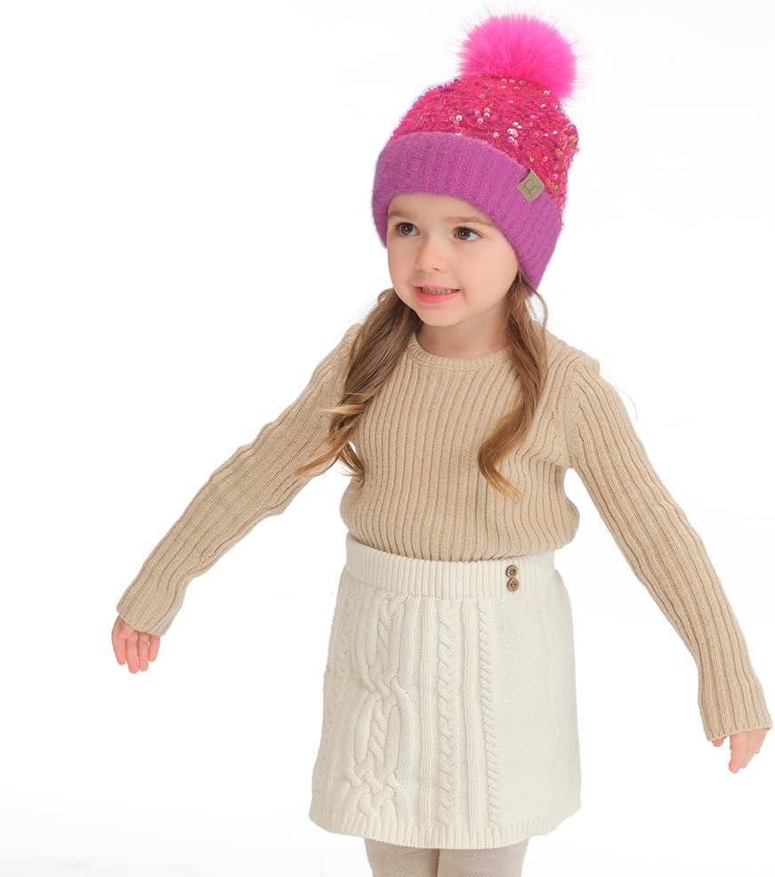 imageCC Kids Sequin Fur Pom Beanie for Boys Girls  Comfortable Soft Warm Children Youth Knit Skully Hat with Faux Fur PomHot Pink