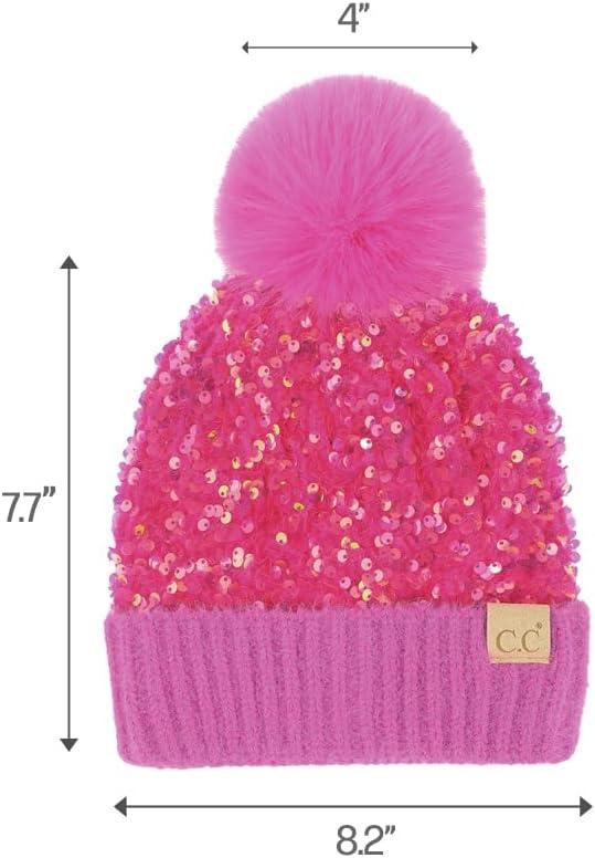 imageCC Kids Sequin Fur Pom Beanie for Boys Girls  Comfortable Soft Warm Children Youth Knit Skully Hat with Faux Fur PomHot Pink