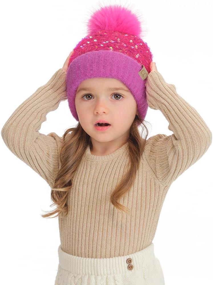 imageCC Kids Sequin Fur Pom Beanie for Boys Girls  Comfortable Soft Warm Children Youth Knit Skully Hat with Faux Fur PomHot Pink