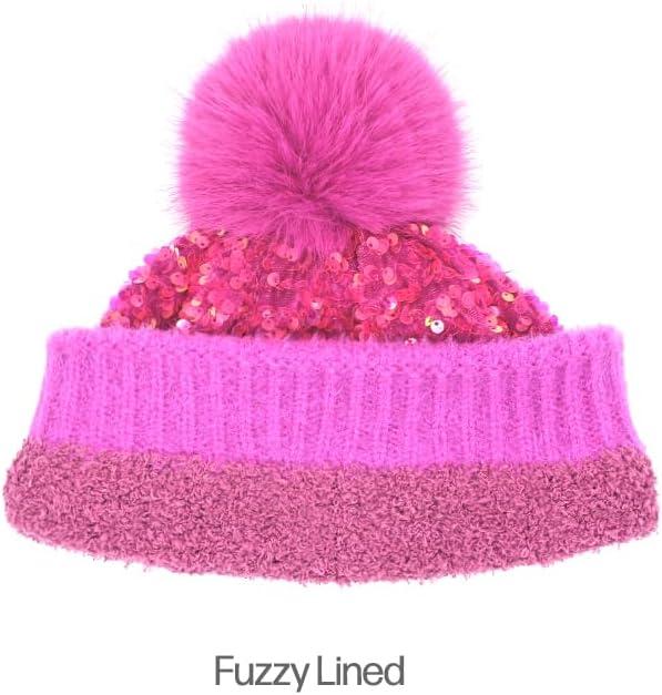 imageCC Kids Sequin Fur Pom Beanie for Boys Girls  Comfortable Soft Warm Children Youth Knit Skully Hat with Faux Fur PomHot Pink