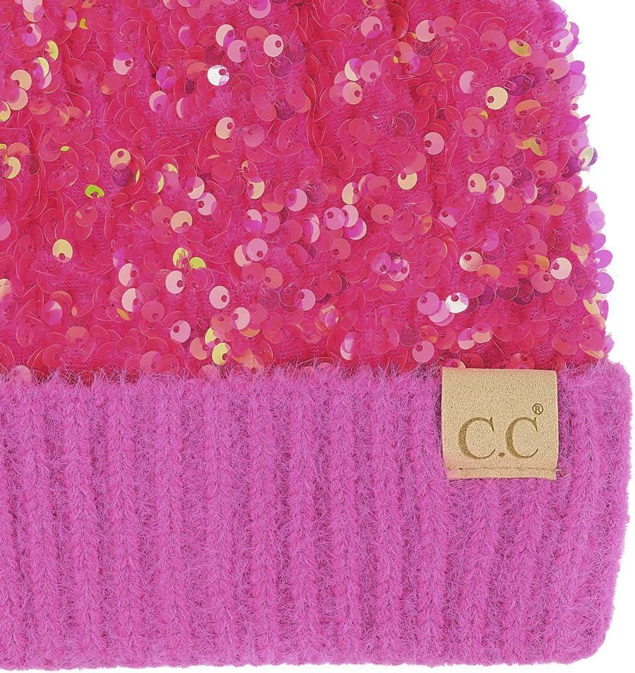 imageCC Kids Sequin Fur Pom Beanie for Boys Girls  Comfortable Soft Warm Children Youth Knit Skully Hat with Faux Fur PomHot Pink