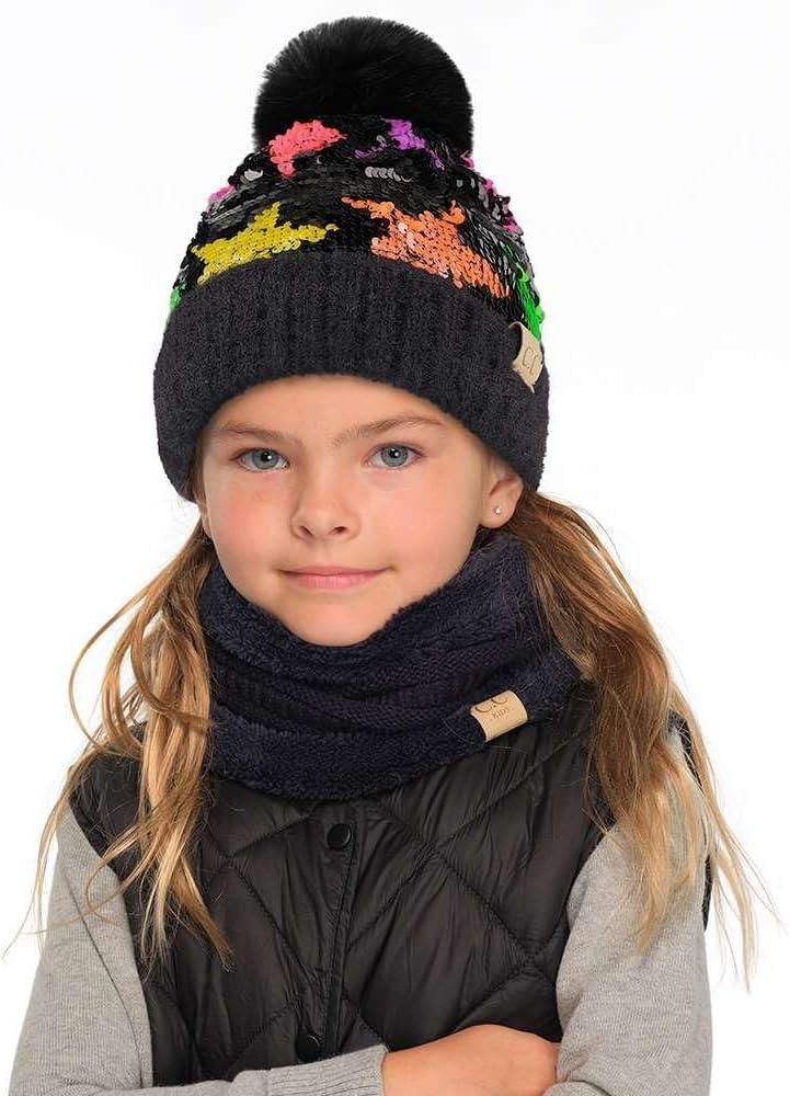 imageCC Kids Sequin Fur Pom Beanie for Boys Girls  Comfortable Soft Warm Children Youth Knit Skully Hat with Faux Fur PomMulti Star 1