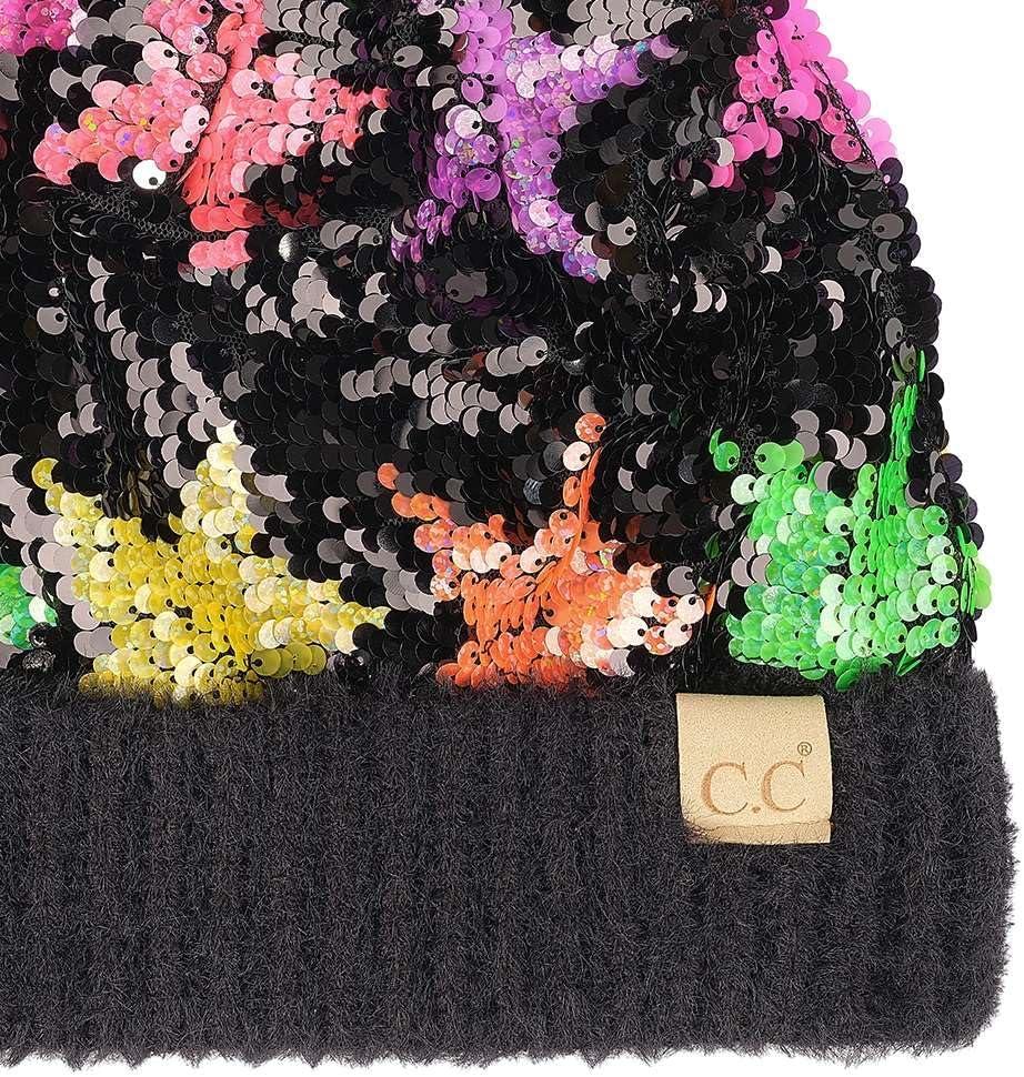 imageCC Kids Sequin Fur Pom Beanie for Boys Girls  Comfortable Soft Warm Children Youth Knit Skully Hat with Faux Fur PomMulti Star 1