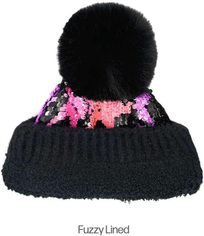 imageCC Kids Sequin Fur Pom Beanie for Boys Girls  Comfortable Soft Warm Children Youth Knit Skully Hat with Faux Fur PomMulti Star 1