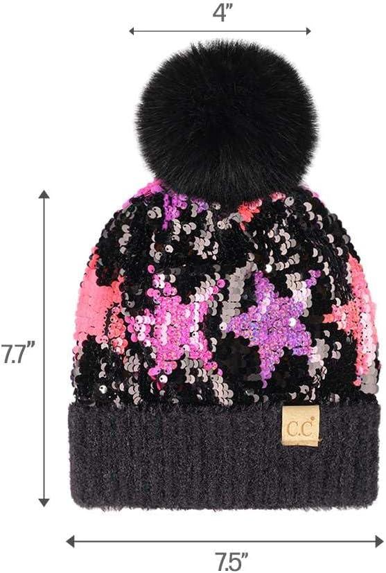 imageCC Kids Sequin Fur Pom Beanie for Boys Girls  Comfortable Soft Warm Children Youth Knit Skully Hat with Faux Fur PomMulti Star 2