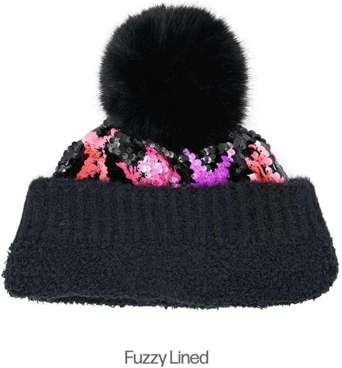 imageCC Kids Sequin Fur Pom Beanie for Boys Girls  Comfortable Soft Warm Children Youth Knit Skully Hat with Faux Fur PomMulti Star 2