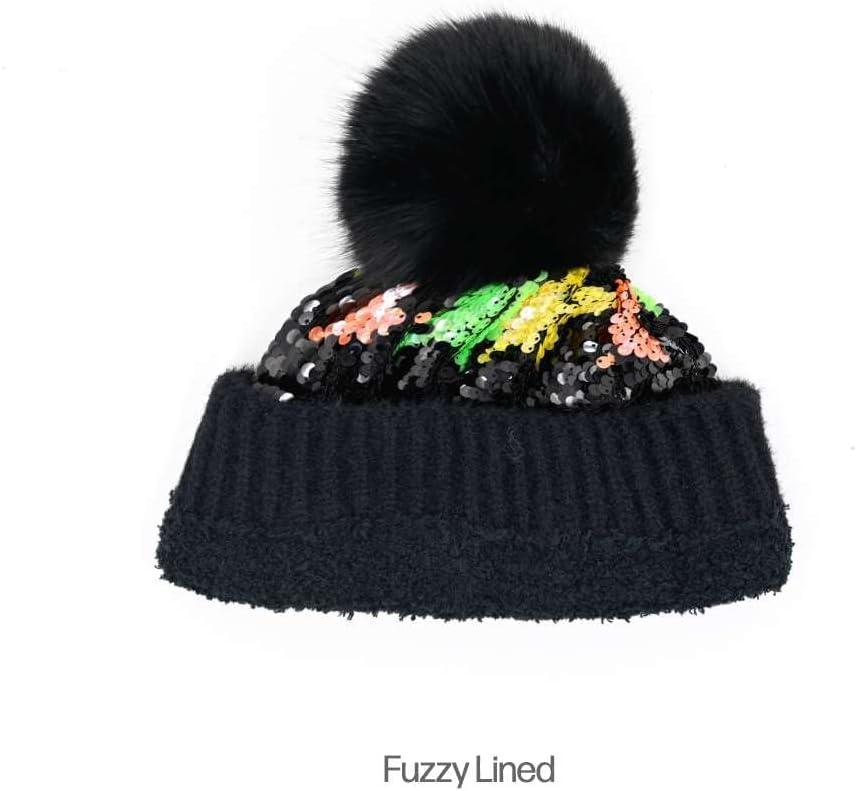 imageCC Kids Sequin Fur Pom Beanie for Boys Girls  Comfortable Soft Warm Children Youth Knit Skully Hat with Faux Fur PomMulti Star 3