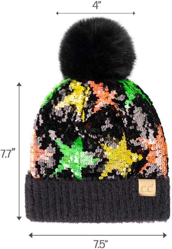 imageCC Kids Sequin Fur Pom Beanie for Boys Girls  Comfortable Soft Warm Children Youth Knit Skully Hat with Faux Fur PomMulti Star 3